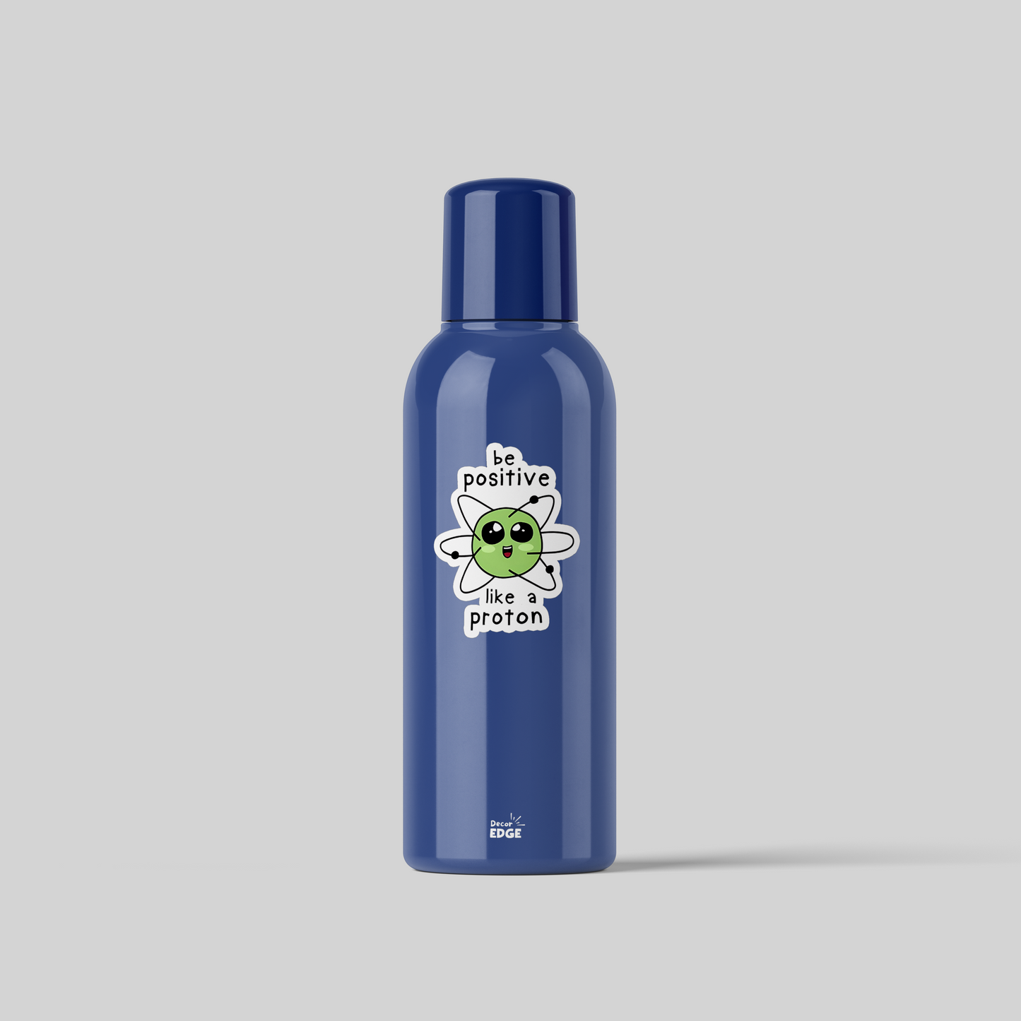 Blue bottle featuring cute science stickers with a positive proton design by DecorEdge
