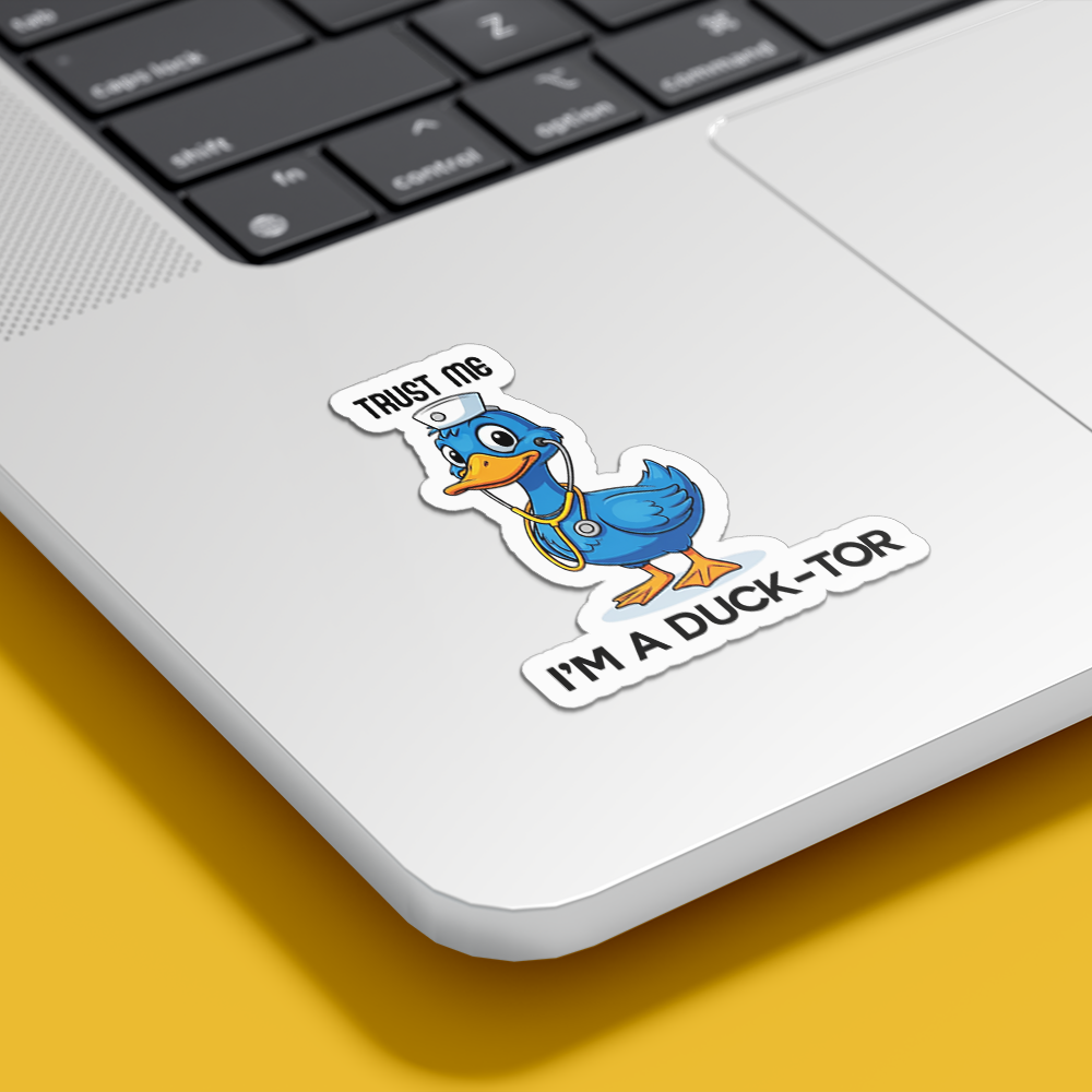 Funny duck doctor sticker with cartoon duck on laptop featuring stethoscope and medical hat